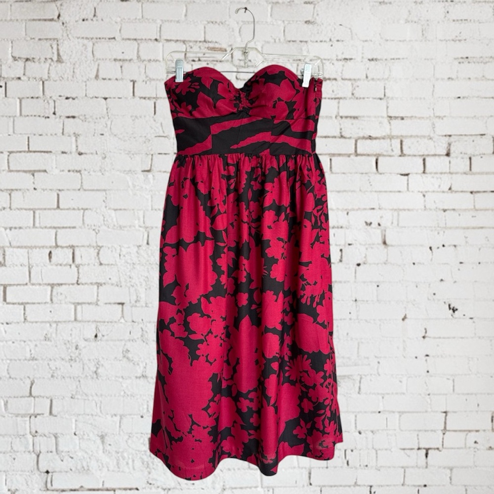 Anthropologie Tibi Sweetheart Neck Red/Black Floral Strapless Midi Dress Size 4 - Picture 2 of 14